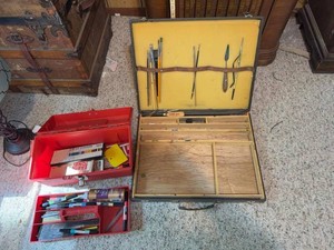 Vintage Artist Supply Box & Red Metal Tool Box Art Supplies Lot