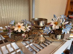 Vintage MCM Gold Tone Metal Floral Centerpiece Candle Holder