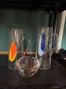 Vintage Art Glass Pitchers with Orrefors Sweden Crystal Bowl Decor