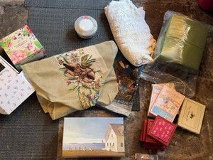 Box Lot of Assorted Home Decor Craft Textiles Stationery