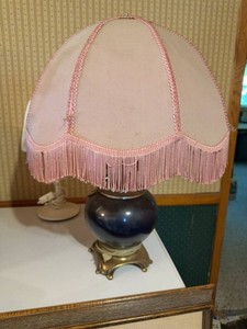 Vintage Cobalt Blue Glass Boudoir Table Lamp Pink Fringe Shade