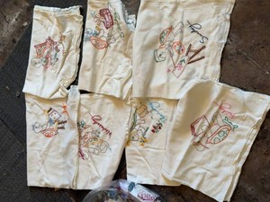 Vintage Hand Embroidered Turtle Theme Tea Towels & Embroidery Floss