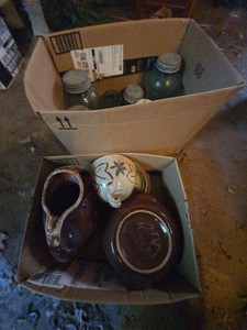 Assorted Vintage Stoneware Pottery & Green Glass Canning Jars