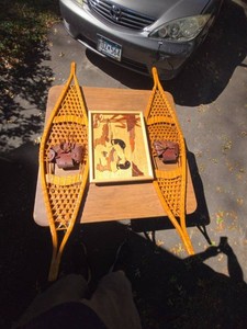 Vintage Snowshoes Pair with Framed Loon Wood Inlay Wall Art