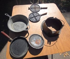 Vintage Cast Iron Cookware Lot Waffle Irons Grill Pan Kettle Pot