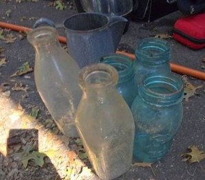 Lot of Assorted Vintage Glass Bottles Pottery Enamel Pitcher