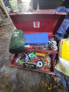 Assorted Metal Tool Box with Hardware, Cable, Tape & Camping Gear