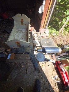 Mixed Vintage Estate Lot Doll Cradle Axe Thermos Metalware Decor