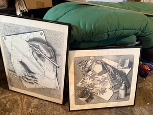 Set of 2 Framed M.C. Escher Reproduction Art Prints Black & White