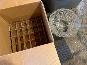 Vintage American Crystal Punch Bowl Set w Cups Ladle Original Box