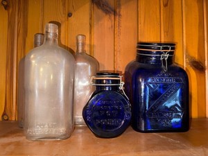 Vintage Glass Bottle & Cobalt Jar Lot Quart Full Measure Decor