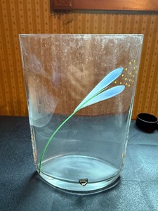 Orrefors Sweden Art Glass Vase Blue Floral Hand Painted w Box