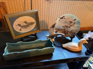 Vintage Waterfowl Decor Lot Framed Loon Print Plate Planter Decoys