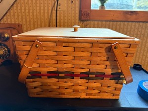 Woven Wood Sewing Basket with Lid Handles & Assorted Sewing Supplies