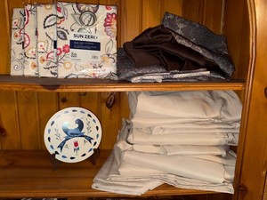 Sun Zero Curtain Panels & Assorted Linens Decor Lot w Zook Plate