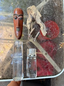Kosta Boda Glass Candlesticks Decor Lot w Carved Mask Driftwood Bucket
