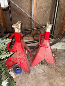 Pair of Red Steel Automotive Jack Stands Ratcheting Style