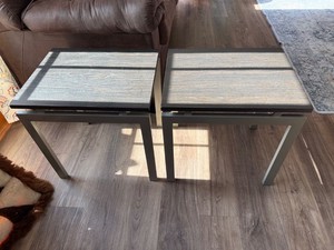 Pair of Modern End Tables Dark Wood Look Tops Gray Metal Frames