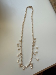 Cultured Pearl Fringe Necklace w 14K Gold Clasp & Box