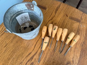 Galvanized Metal Pail with Assorted Wood Handle Carving Tool Lot
