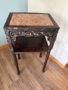 Antique Chinese Carved Hardwood Marble Top Plant Stand Table