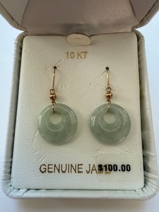 10KT Gold Genuine Jade Donut Dangle Earrings Pale Green Disc Drops