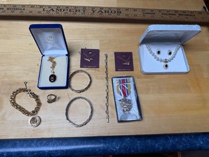 Mixed Costume Jewelry Lot Limoges Pendant Pearl Set Bracelets Medal