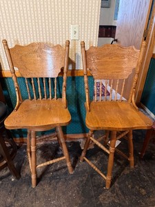 Pair of Oak Pressback Swivel Bar Stools with Arms Vintage Style