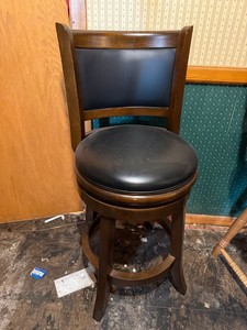 Dark Wood Upholstered Bar Stool Black Vinyl Seat Back 36in Tall