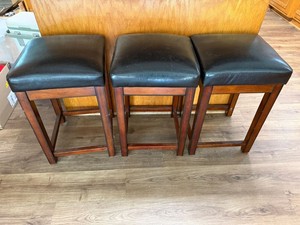 Set of 3 Wood Counter Stools Black Faux Leather Upholstered Seats