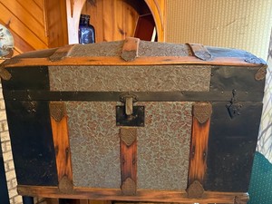 Antique Dome Top Steamer Trunk Embossed Metal Wood Slat Chest