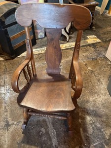 Vintage Childs Wooden Rocking Chair Colonial Style Scroll Arms