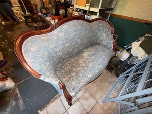 Victorian Style Upholstered Settee Loveseat Floral Blue Wood Frame