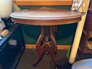 Antique Victorian Oval Parlor Table Wood Pedestal Base on Casters