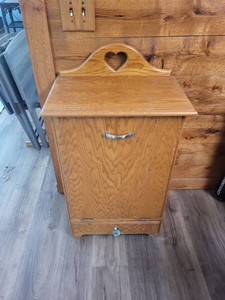 Oak Tilt-Out Trash Bin Cabinet with Drawer Heart Cutout Back Splash