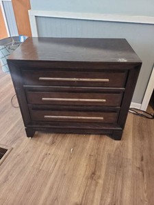 Dark Wood 3-Drawer Nightstand End Table Brushed Metal Pulls