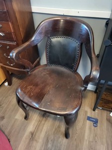Vintage Wooden Captains Armchair With Upholstered Nailhead Back