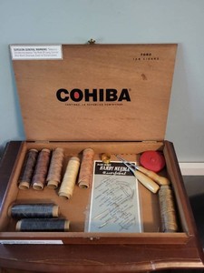 Leather Sewing Supplies Lot Thread Needles Awls in Cohiba Wood Box