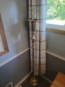Vintage Brass Tone Torchiere Floor Lamp Crystal Prisms Urn Form