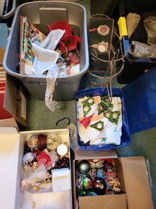 Box Lot of Vintage Christmas Ornaments Decor Linens Ceramics