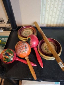 Vintage Folk Art Maracas Wood Flute Framed Wall Decor Mixed Lot