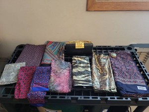 Lot of Designer Scarves With Evening Clutch & Hawaii Pill Box