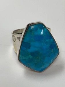 Silver Tone Statement Ring Blue Stone Cabochon w Box Pouch