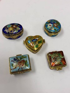 Set of 5 Vintage Cloisonne Enamel Trinket Boxes w Presentation Box