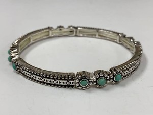 Unmarked Silver Tone Hinged Bangle Bracelet Turquoise Color Accents