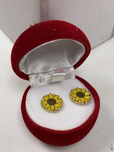 Lot Including Sunflower Stud Earrings & Red Apple Velvet Ring Box