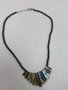 Artisan Hematite Bead Abalone Shell Statement Necklace Silver Tone