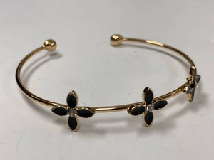 Gold Tone Open Cuff Bracelet Black Enamel Floral Rhinestone Accent