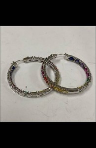 HSN Absolute Rainbow Stone Hoop Earrings Silver Tone w Box Pouch