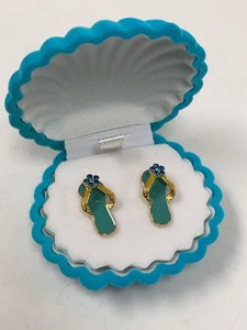 Novelty Flip Flop Enamel Earrings Blue Rhinestones Shell Box
